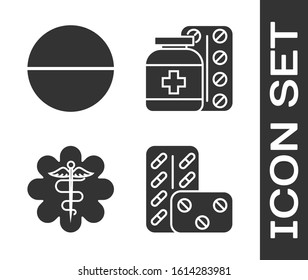 Set Pills in blister pack, Medicine pill or tablet, Emergency star medical symbol Caduceus snake with stick and Medicine bottle and pills icon. Vector