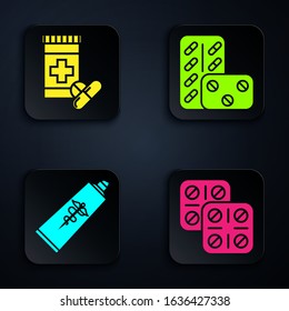 Set Pills in blister pack, Medicine bottle and pills, Ointment cream tube medicine and Pills in blister pack. Black square button. Vector