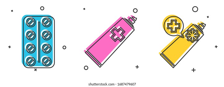 Set Pills in blister pack, Ointment cream tube medicine and Ointment cream tube medicine icon. Vector