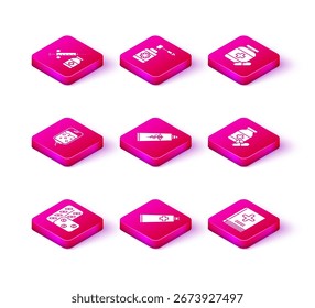 Set Pills in blister pack, Pomada creme tubo medicina, IV saco, livro médico, frasco de medicamentos e comprimidos, e com ícone de pulverizador de bocal. Vetor