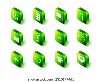Set Pills in blister pack, Pillow, Walking stick cane, Eye sleep mask, Grandfather, Domino, Adult diaper and Eyeglasses icon. Vector