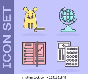 Set Pills in blister pack, Rat, Notebook and Earth globe icon. Vector