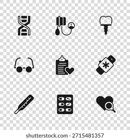 Set Pills in blister pack, Smart watch with heart, Inspeção médica, Registro do paciente, Implante dentário, símbolo de DNA, Pressão arterial e ícone de óculos. Vetor