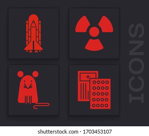 Set Pillen in Blisterpackung, Space Shuttle und Raketen, Radioactive und Rat Symbol. Vektorillustration