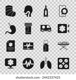 Set Pills in blister pack, Stretcher, Medical symbol of the Emergency, Ointment cream tube medicine, Medicine bottle and pills, Human stomach, Gypsum and car icon. Vector