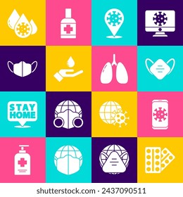 Set Pills in blister pack, Virus statistics on mobile, Medical protective mask, Corona virus 2019-nCoV location, Washing hands with soap, Blood test and Lungs icon. Vector