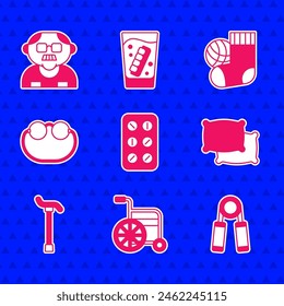Set Pills in blister pack, Wheelchair, Sport expander, Pillow, Walking stick cane, Eyeglasses, Socks and Grandfather icon. Vector