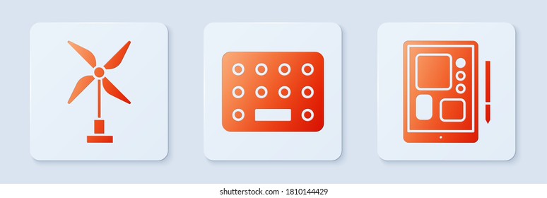 Set Pills in blister pack, Wind turbine and Graphic tablet. White square button. Vector