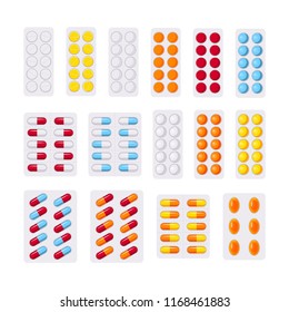 Set of pills in blisters on white background in flat style