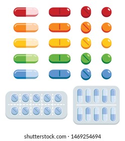 Set pills blisters with tablets and capsules. Plastic package with medical drugs. Vector mockups isolated on white background.