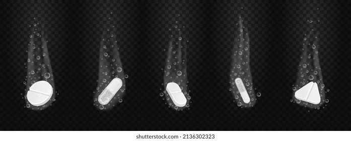 Pillen mit Blasen. Brausetabletten und Kapseln, die sich in glänzendem Wasser auflösen. Behandlung von Kopfschmerzen. Arzneimittel. Cartoon-realistische Vektorgrafik einzeln auf schwarzem Hintergrund