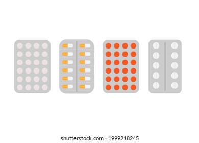Conjunto de pastillas y cápsulas en blister. Analgésicos, antibióticos, vitaminas y aspirina. Farmacia y símbolos de medicamentos. Ilustración vectorial aislada