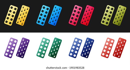Set Pills or capsules in blister package icon isolated on black and white background. Tablets in package. Medications Accessory pharmacies and first aid kits. Vector.