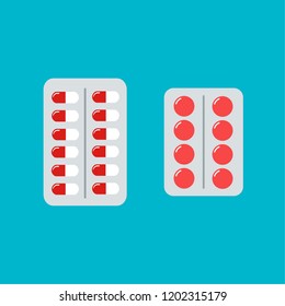 Set of pills and capsules. Tablets in blisters, painkillers, antibiotics, vitamins and aspirin. Medical pills icon. Illustration in flat style