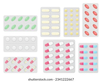 Set of pills in different blister pack isolated on white