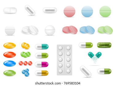 Set of pills in different forms and shapes isolated on the white background. Tablets of various colors. Medicine and drugs.