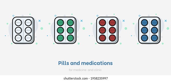 Pillensatz. Flache Sammlung von Arzneimitteln einzeln auf weißem Hintergrund. Pillen für Medizin und Klinik. Vektormedizinisches Kapselarzneimittel für Gesundheitsversorgung, Pharmazie und Erkrankungen. Farbige Pilzvektorgrafik  