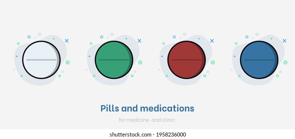 Pillensatz. Flache Sammlung von Arzneimitteln einzeln auf weißem Hintergrund. Pillen für Medizin und Klinik. Vektormedizinisches Kapselarzneimittel für Gesundheitsversorgung, Pharmazie und Erkrankungen. Farbige Pilzvektorgrafik  