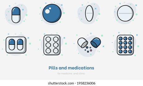 Conjunto de pastillas. Colección de medicamentos planos aislados en fondo blanco. Píldoras preparadas para medicina y clínica. Medicamento vectorial en cápsulas para atención de salud, farmacia y enfermedades. Vector de píldora colorida  