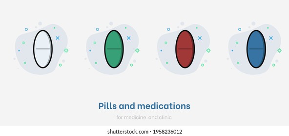 Pillensatz. Flache Sammlung von Arzneimitteln einzeln auf weißem Hintergrund. Pillen für Medizin und Klinik. Vektormedizinisches Kapselarzneimittel für Gesundheitsversorgung, Pharmazie und Erkrankungen. Farbige Pilzvektorgrafik  