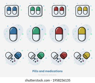 Pillensatz. Flache Sammlung von Arzneimitteln einzeln auf weißem Hintergrund. Pillen für Medizin und Klinik. Vektormedizinisches Kapselarzneimittel für Gesundheitsversorgung, Pharmazie und Erkrankungen. Farbige Pilzvektorgrafik  