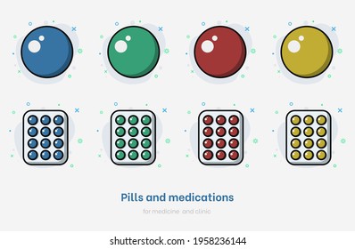 Set of pills. Flat medications collection isolated on white background. Pills set for medicine and clinic. Vector medical capsule drug for healthcare, pharmacy and illnes. Colorful pill vector  