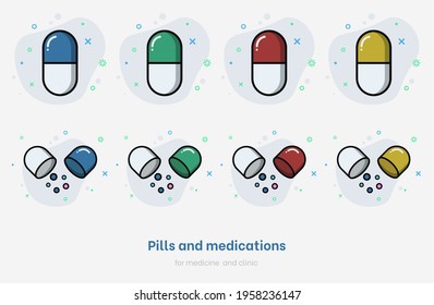 Conjunto de pastillas. Colección de medicamentos planos aislados en fondo blanco. Píldoras preparadas para medicina y clínica. Medicamento vectorial en cápsulas para atención de salud, farmacia y enfermedades. Vector de píldora colorida  