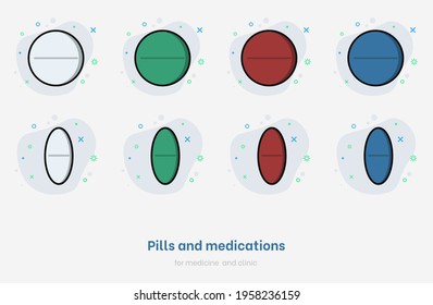 Set of pills. Flat medications collection isolated on white background. Pills set for medicine and clinic. Vector medical capsule drug for healthcare, pharmacy and illnes. Colorful pill vector  