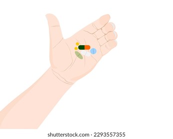Conjunto de pastillas en mano sobre fondo blanco.