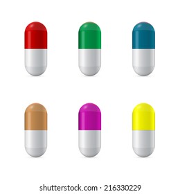 set of pills icons of different colors isolated on white background