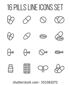 Set of pills icons in modern thin line style. High quality black outline medicine symbols for web site design and mobile apps. Simple linear pills pictograms on a white background.