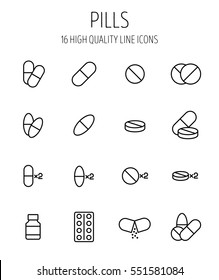 Conjunto de íconos de pastillas en estilo moderno de línea delgada. Símbolos de medicina de esquema negro de alta calidad para el diseño de sitios web y aplicaciones móviles. Píldoras lineales simples pictogramas sobre un fondo blanco.