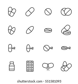 Set of pills icons in modern thin line style. High quality black outline medicine symbols for web site design and mobile apps. Simple linear pills pictograms on a white background.