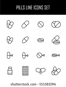 Set of pills icons in modern thin line style. High quality black outline medicine symbols for web site design and mobile apps. Simple linear pills pictograms on a white background.