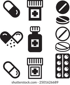 Set of pills and medical tablets. Black icons of pills.