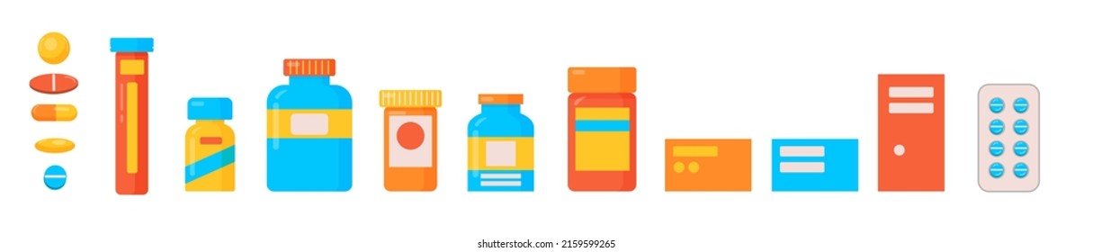 Set of pills and medicine bottles with labels. Drugs, tablets, capsules, vitamins, supplements pill, nutrients, probiotics, painkiller, antibiotic, vector illustration in flat style.