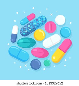 Set of pills, medicine, drugs. Painkiller tablet, vitamine, pharmaceutical antibiotics. Healthcare concept. Vector cartoon design