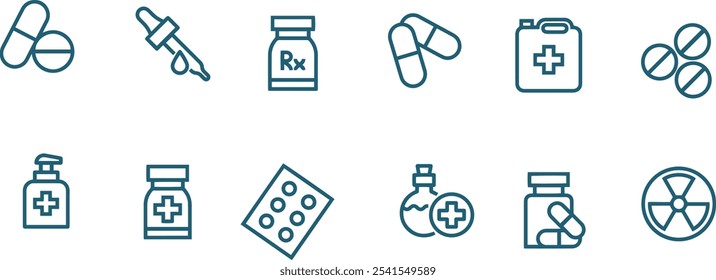 set of pills and medicine icon vector line design