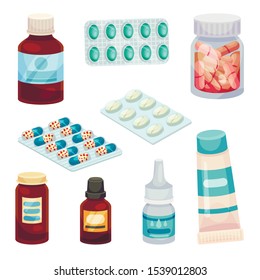 Set of pills and medicines in the package. Vector illustration on a white background.