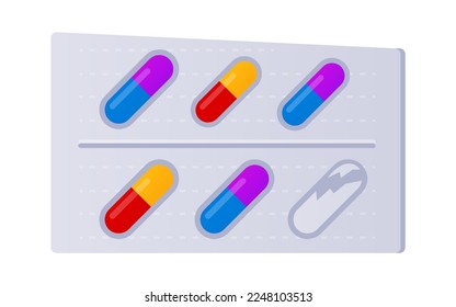 Set of pills - modern flat design style single isolated image. Neat detailed picture of opened package of painkiller. Drug capsules needed by sick people to cure. Health care and medicine idea