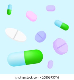 Set of pills on blue background. Capsules and tablets. Vector illustration.