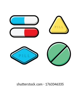 Conjunto de píldoras de distintas formas y colores, Ilustración de vectores de medicina para recursos gráficos, icono, etc.