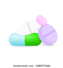 Set of pills on white background. Isolated tablets. Vector illustration.