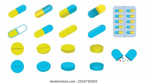 Set von Pillen Realistische Vektorgrafik Oval und runde Kapseln Set, Pillen, Tabletten und Medikamente