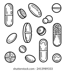 Set pills sketch. Medical capsules. Medicines vitamins. Hand drawn line art illustration.