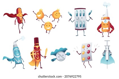 Set of pills super hero. Cute cartoon character with smiled faces. Blisters with capsule and tablet, spray, like a supermans. Medicinal strong help