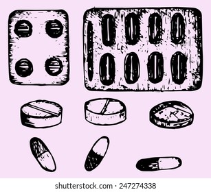 set pills, tablets, close-up, doodle style, sket?h illustration