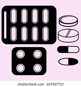  set pills tablets close-up vector silhouette isolated