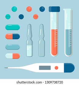 Set of pills tablets, vials, ampoules and thermometer. Vector flat illustration