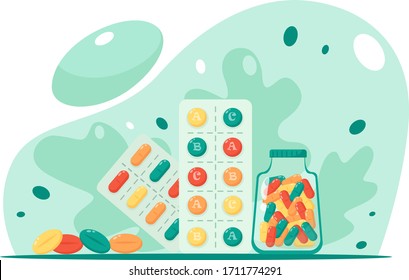 Set of pills for treatment. Medicine and pharmaceuticals concept. Vector illustration in a flat style.